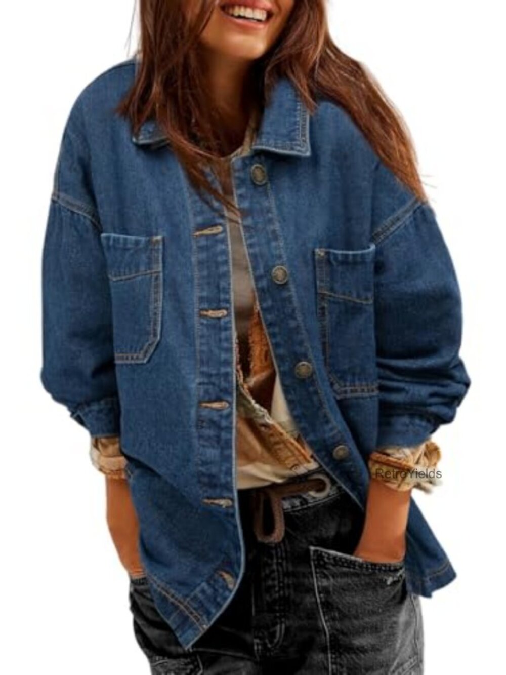 Oversized Boyfriend Denim Jacket Long Sleeve Tunic Button-Down